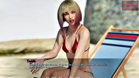 Busty blonde in skimpy red bikini spreads legs on pool chair with open mouth tease