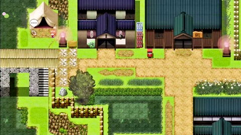 Pixel art top-down view of Japanese village map with tents gardens and buildings