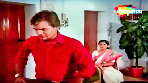 Intense Indian DILF in red shirt confronts sexy housewife in white saree vintage scene