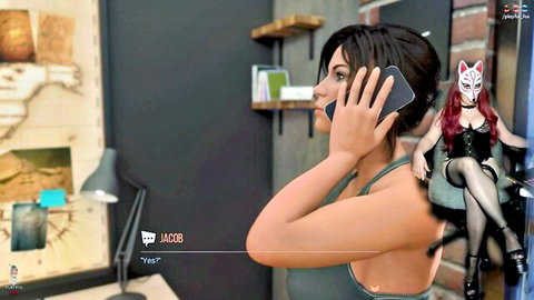 Sexy Croft cosplayer in tank top on phone with masked vixen in lingerie