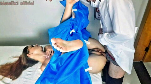 Asian patient with long hair spreads legs for fake doctor's penetration