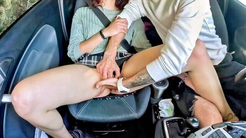 Cute redhead teen fingered by stepdad in car while driving