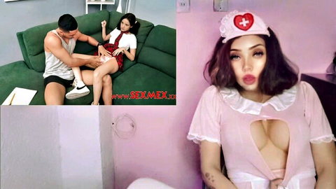 Asian teen in school uniform teased by neighbor, pink nurse outfit cleavage