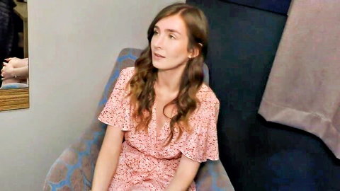 Katie Cooper in sexy pink floral dress, teasing in hotel lobby