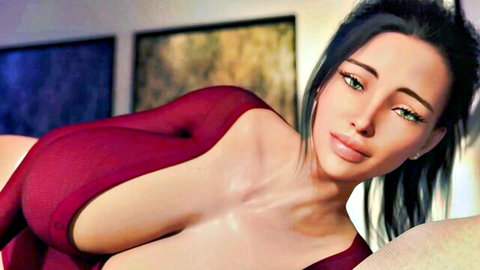 3D Animated Curvy MILF in Red Mesh Dress Teasing Handjob and Sex