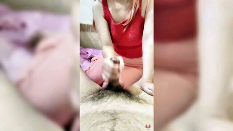 Woman giving handjob to enlarged penis after groin massage