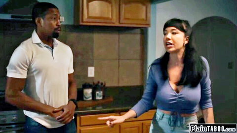 Little Puck in deep V-neck top confronts ebony stud in kitchen