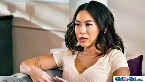 Kimmy Kimm as busty Asian milf stepmom in off-shoulder top, seductive pose