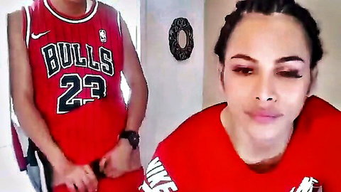 Hot shemale with braids teases sissy BF in Bulls jersey