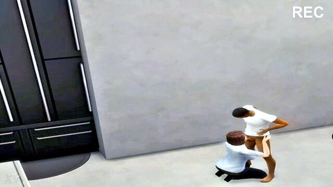 Kneeling man rims exposed bare ass of bent-over guy in white shirt against hospital cabinets