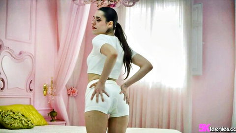 Briseida Myers, Spanish teen in white crop top and shorts, seductive bedroom pose