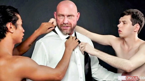 Bald daddy in suit dominated by two nude Asian twinks in Mormon Boyz scene
