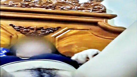 Blurry Filipina girl exposing in blue underwear on bed with white cat, viral video call 2025