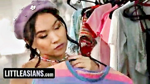 Ophelia in purple beret seductively shops for dresses, Asian beauty teasing threesome vibe