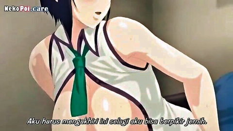 Seductive hentai schoolgirl biting finger, huge exposed breasts in open uniform