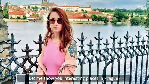 Redhead Russian tourist in Prague posing sexily with tattoos in pink top
