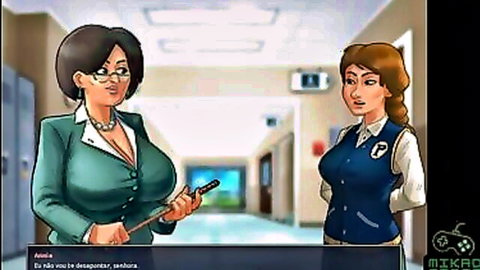 Busty glasses teacher with massive tits holds pointer facing cheerleader student in school hallway