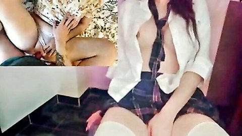 Melinamx in open school blouse exposing breasts, plaid skirt and thigh highs