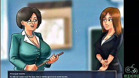 Animated teacher with big breasts and brunette student in blazers