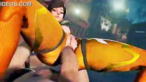 Overwatch Tracer SFM porn thumbnail: Tracer's legs spread in orange bodysuit, explicit crotch penetration