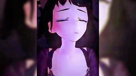 3D hentai anime girl with flushed face glossy purple skin and exposed tits in black straps sensual tease