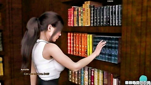 Amolio with big firm tits reaching in library, sexy white tank top