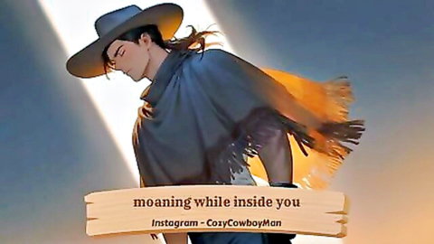 Illustrated cowboy man in poncho moaning passionately, CozyCowboyMan style