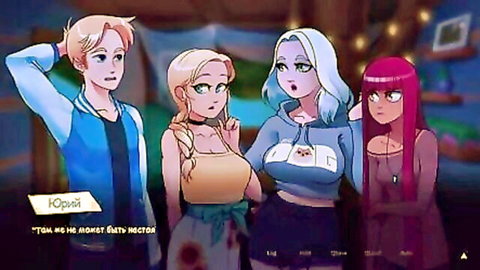 Blonde anime guy puzzled with busty blonde, white-haired, and pink-haired girls in casual outfits