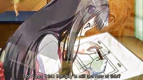 Anime schoolgirl with long black hair in uniform, shyly drawing at desk, Eroge! Hmo Game ep 1
