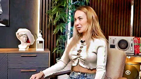 Blonde Nicole Murkovski in lacy white crop top, sexy Q&A with Bella Mur