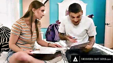 Laney Grey teases study buddy on bed with laptop and books
