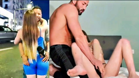 Mireia in tight blue dress street tease leads to steamy threesome fuck