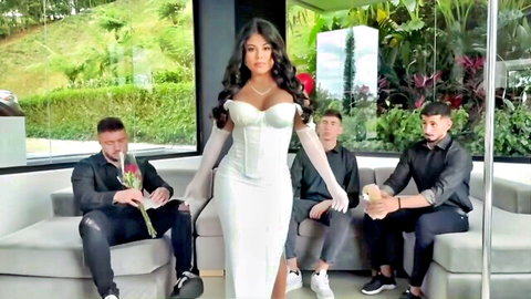 Steffy Moreno in sexy white corset dress with three men on Valentine's Day