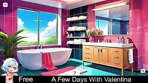 Valentina white-haired anime girl in red dress by pink bathtub, erotic hentai game scene