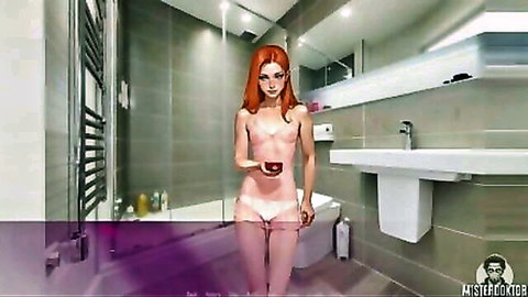 Redhead Mila in pink panties, teasing wet look solo
