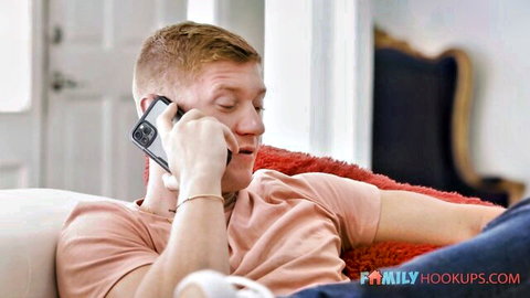 Handsome redhead man in pink shirt on phone call, Aubree Valentine family hookup scene