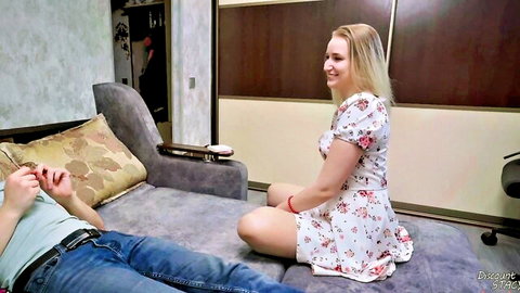 Blonde stepsister in floral dress surprises nerd stepbrother on Valentine's Day