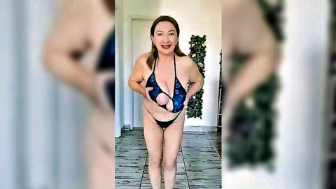 Mature MariaOld teasing in skimpy blue bikini, big tits exposed