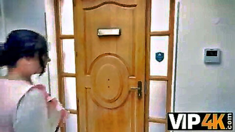 Mature brunette in pink top near door, VIP4K bathroom sex preview