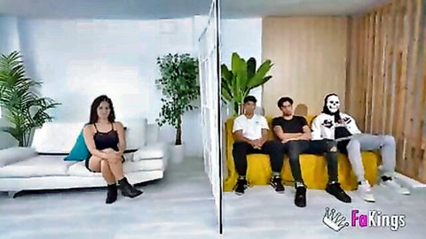 Rebeka Rock blind date setup with three guys, one masked, Fakings amateur