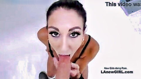 Elegant brunette beauty seduced into blowjob during modeling audition