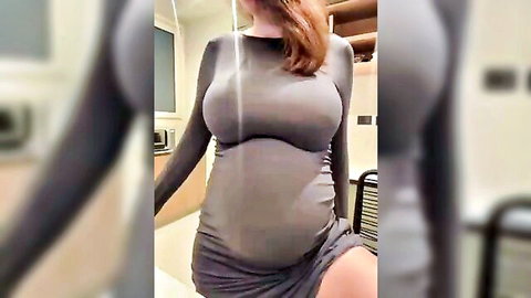 Elena Sterni in sheer gray dress, pregnant belly and big tits visible