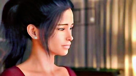 Animated Asian MILF in red top, seductive side profile with ponytail and cleavage