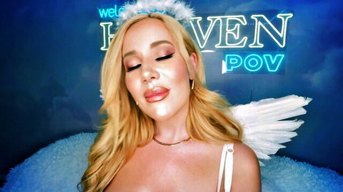 Savannah Bond as sexy angel in POV pose, blonde bombshell with halo and wings