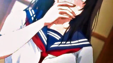 Anime athlete girl in sailor uniform, hand over mouth, surprised expression in NTR JAV scene