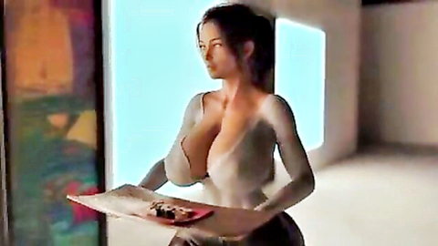 Curvy brunette MILF in tight white bodysuit with huge tits, 3D animation teaser