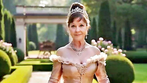 Granny Black Widow in elegant gown and tiara, mature cosplay seductress