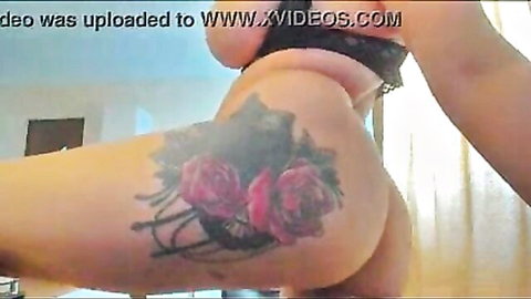 Sexy teen flaunts hot ass with rose tattoo in black lingerie