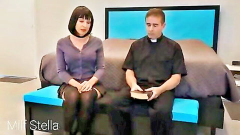 Goth girl in stockings confesses sins to priest on couch