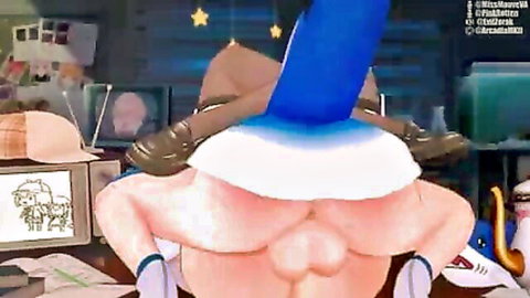 Hentai animation thumbnail of chubby character with blue wizard hat in office